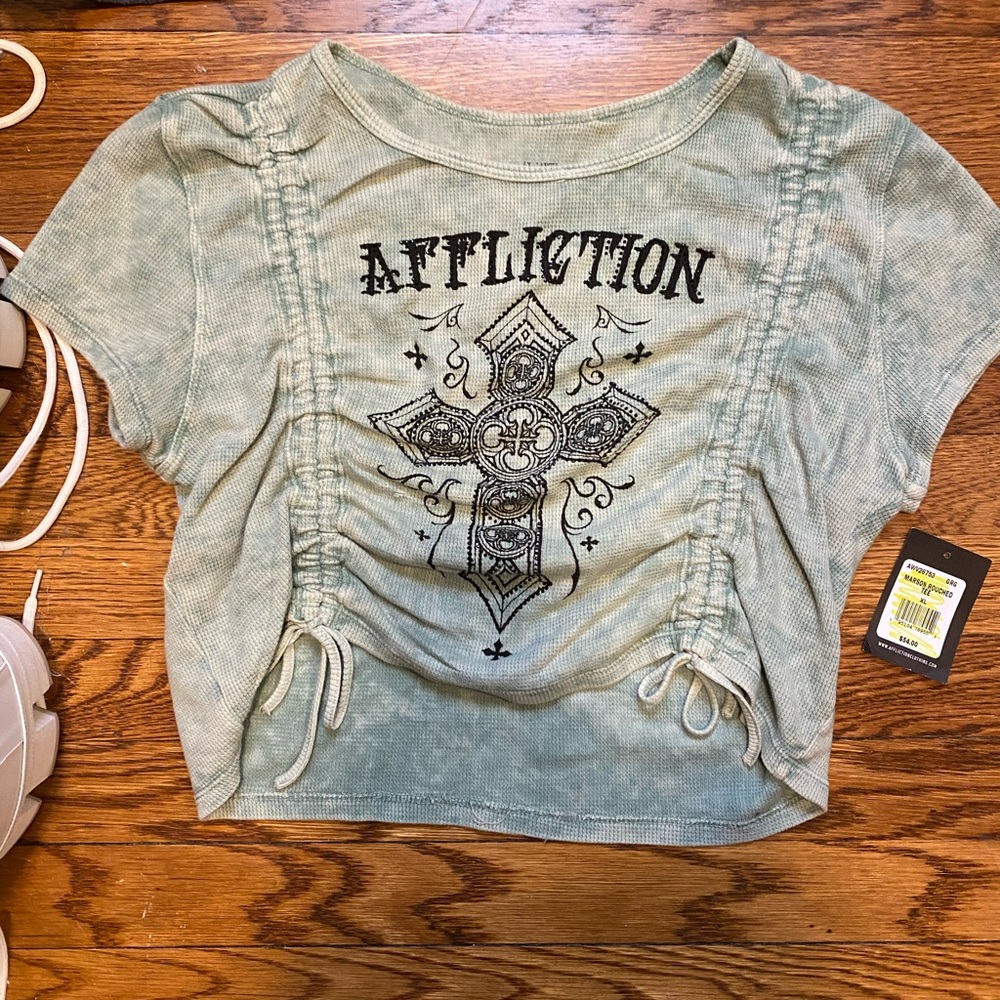 Affliction Sage Green Ruched Graphic Crop Top with Cross Detail
